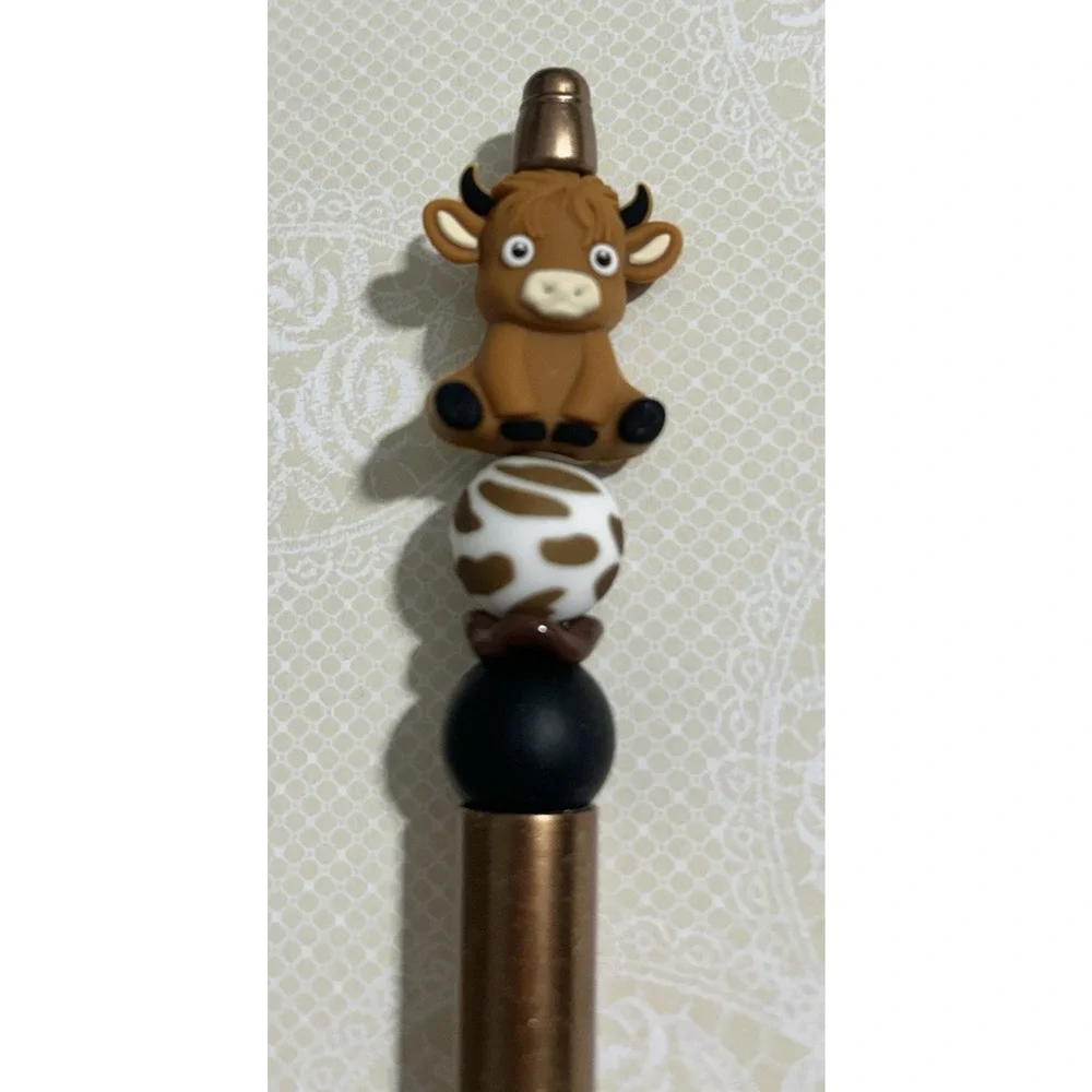 Custom Pen Highland Cow Brown Metallic Beaded Black Ink Western Cowgirl - Picture 3 of 4